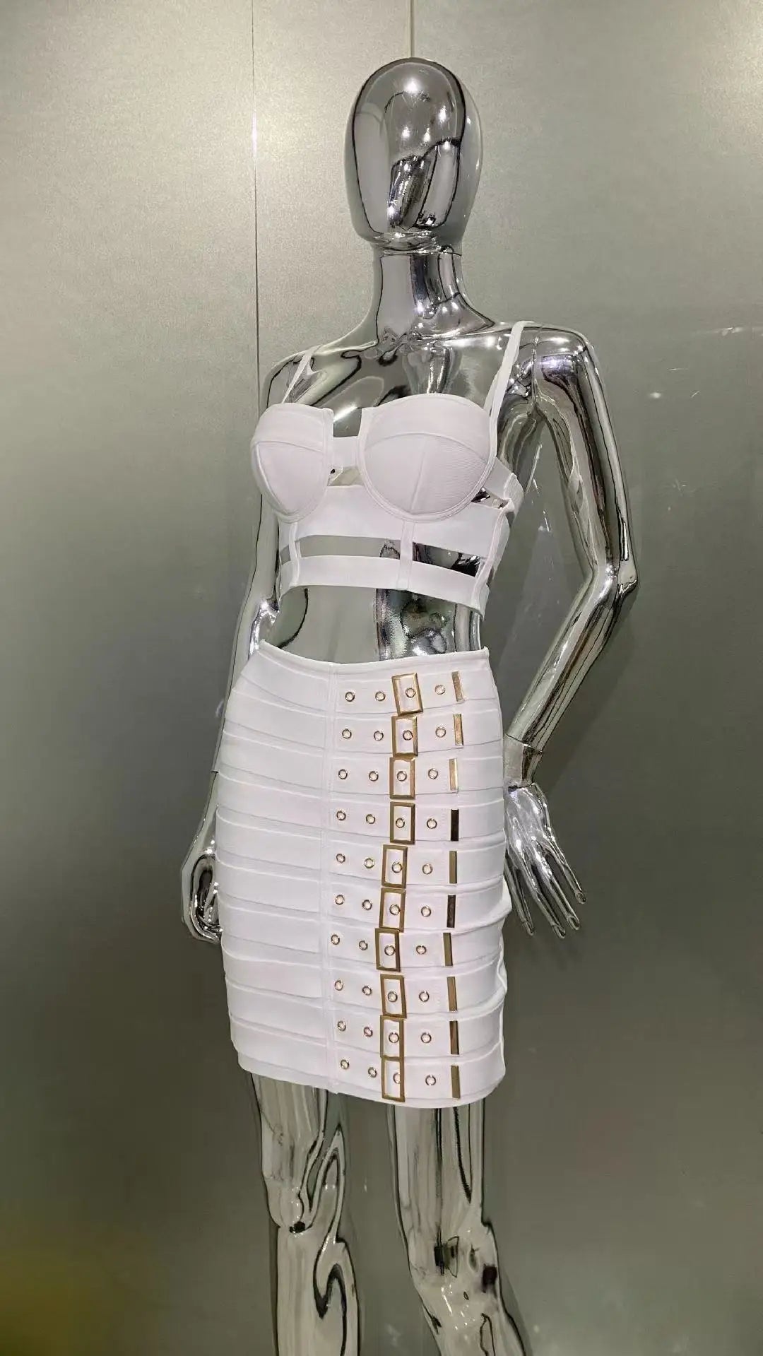 2025 Summer women's new white sexy camisole top+belt buckle mini skirt fashionable 2 piece bandage set