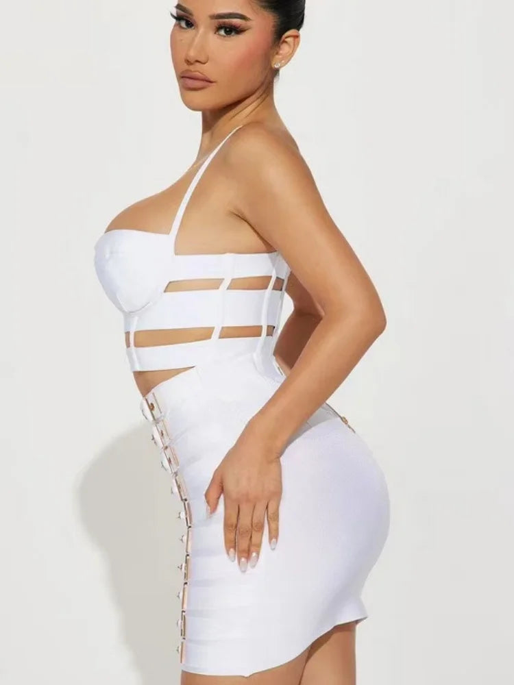 2025 Summer women's new white sexy camisole top+belt buckle mini skirt fashionable 2 piece bandage set