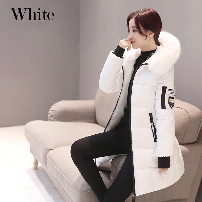 Winter Women Parka Coats Long Cotton Casual Fur Hooded Jackets Thick Warm Slim-fit Jacket Female Overcoat Clothing White