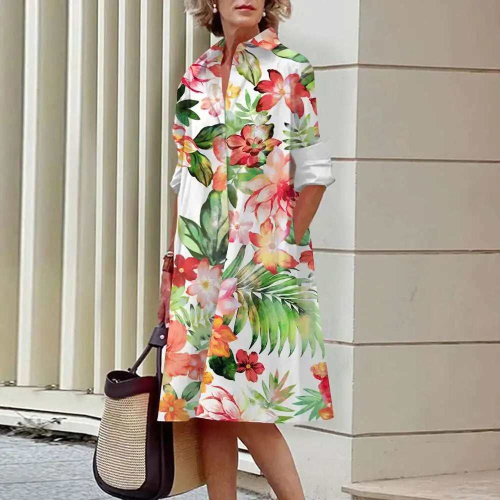 Women's Elegant Shirt Dresses Fall Fashion Floral Long Sleeve Loose A-Line Dresses Women's Office Ladies Red Green Lapel Gowns