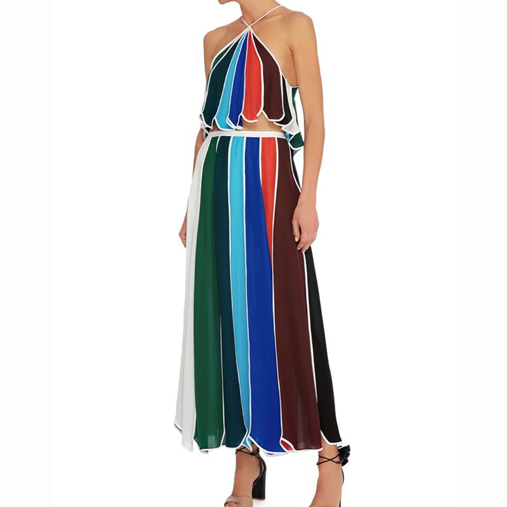 Vintage Fashion Colorblock Print Bikinis Two Piece Swimsuits Summer Dress Halter Beachwear High Waist Swimwear Lace Up Surf Wear