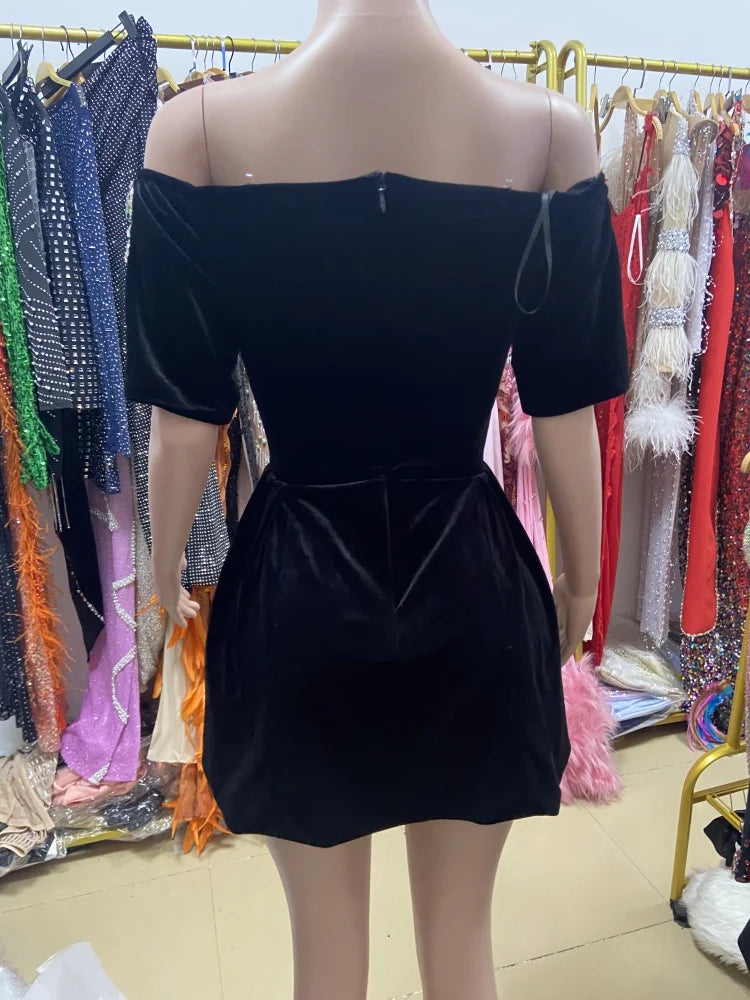 Summer Elegant black sexy strapless shoulder diamond shiny embellishments, fluffy mini party dress elegant fashion dress