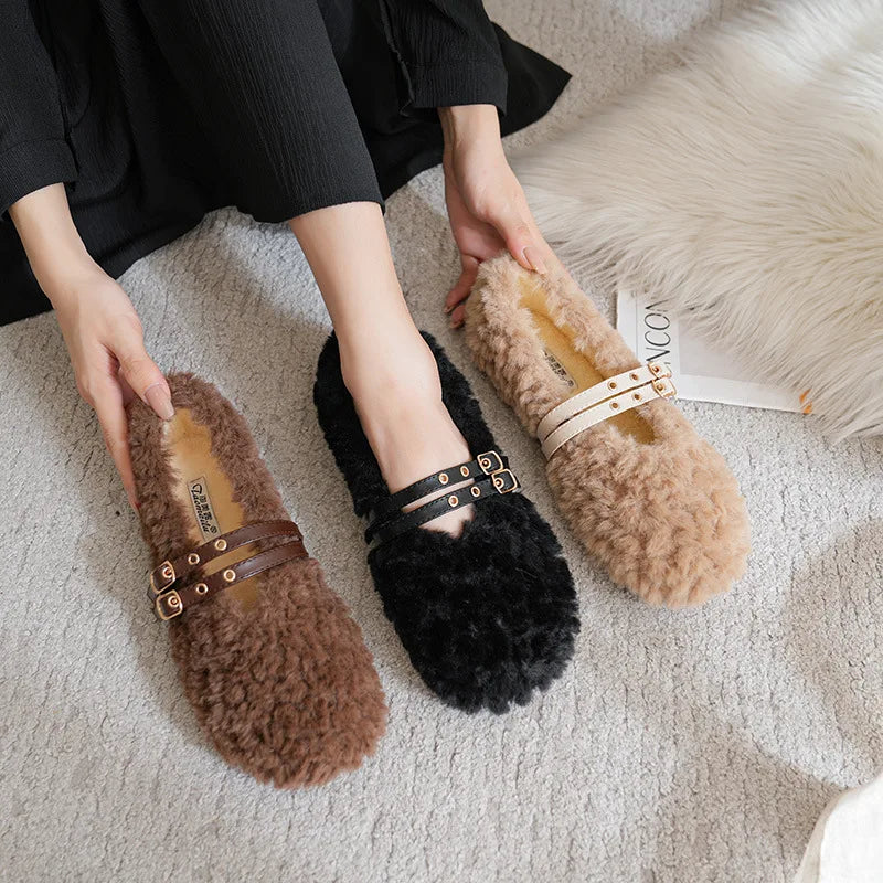 2023 winter women's plush warm shoes Korean style pump loafers party and work wear Ladies' casual flats mary jane boat shoes