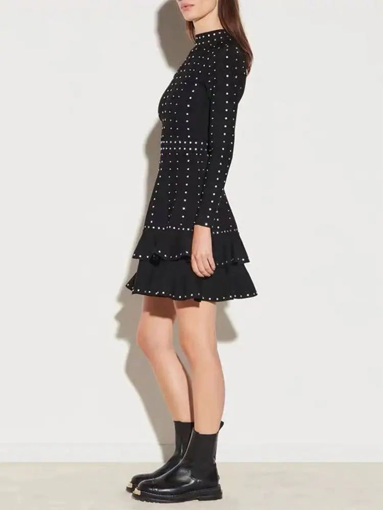 Ailigou New Women's Black Sexy Luxury Diamond Knitted Mini A-line Dress Long sleeved Ruffle Edge Layered Formal Party Dress