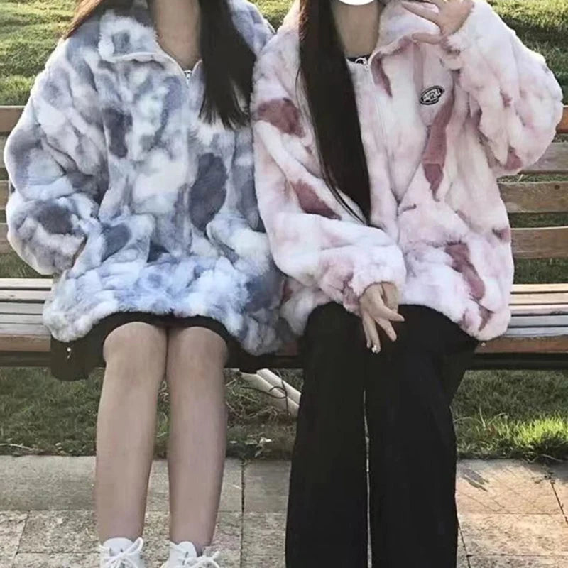 Women Tie Dye Lamb Fleece Jacket Autumn Winter Zipper Outerwear Warm Plush Jackets Harajuku Casual Loose Female Thick Coat