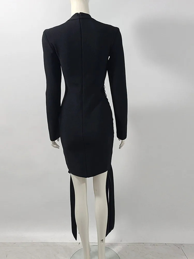 New Women Celebrity Sexy Long Sleeve Lace Up Black Mini Bodycon Bandage Dress 2025 Elegant Evening Club Party Outfit