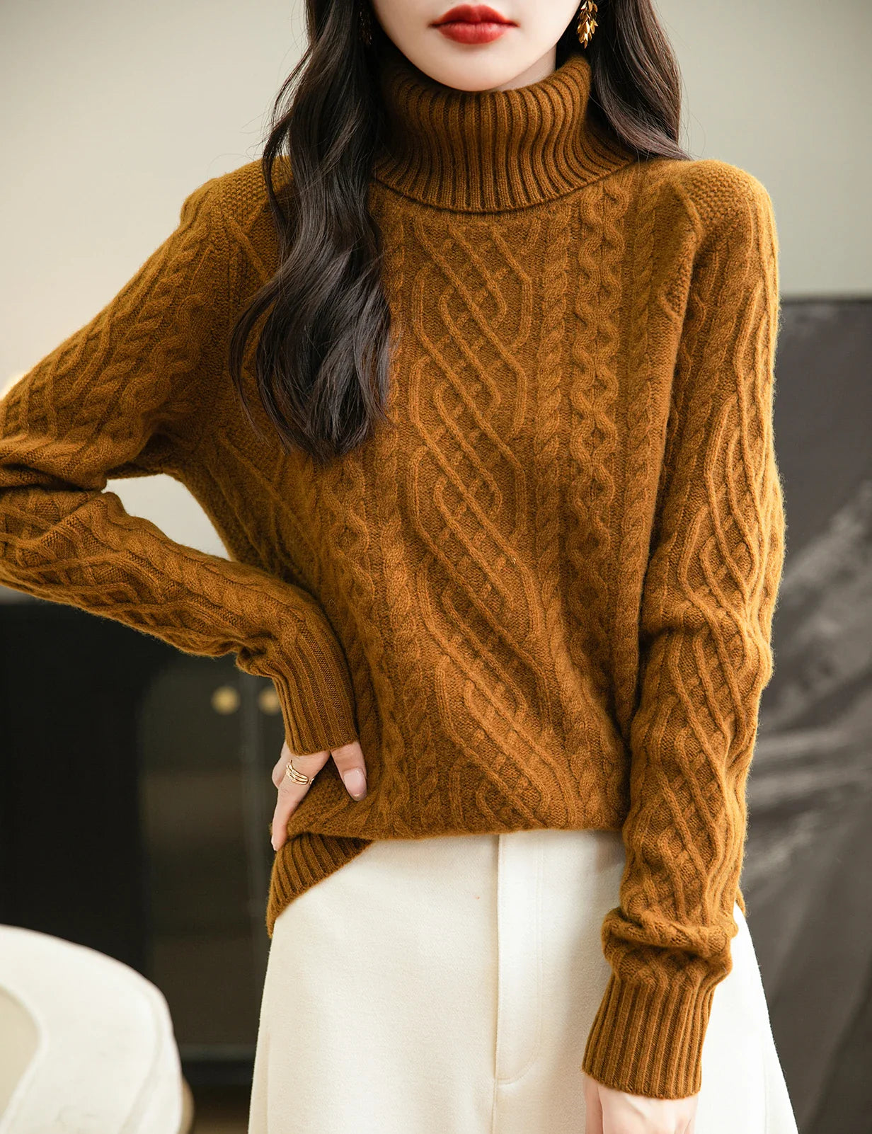 Women's 100% Merino Wool Sweater Fall Winter Turtleneck Vintage Warm Soft Long Sleeve Cable Knit Sweater for Women Knitwear