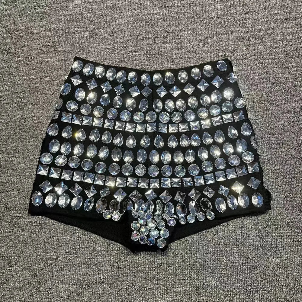 2024 New Women Fashionable Handmade Diamond Embedding Tight Bandage Shorts, Sexy and Fashionable Party Wear Vintage black