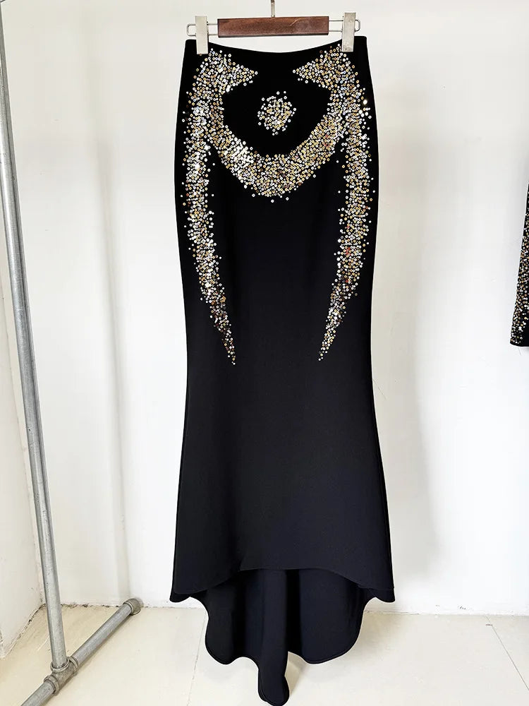 High Street Women's New Star Fashion Heavy Industry Embroidered sequin Short Top Fish Tail Half Skirt Set Two Piece Set