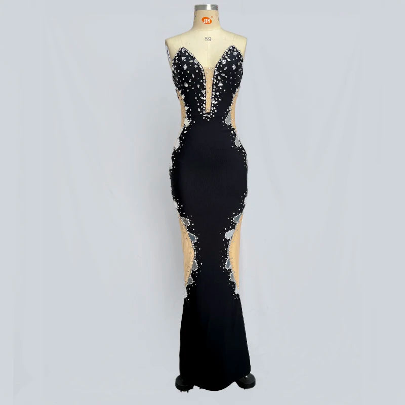 Women's Fashion One Shoulder Slim Sleeveless Long Hip Cover Dress 2024 Elegant Rayon Sequin Mesh Party Party Dress black