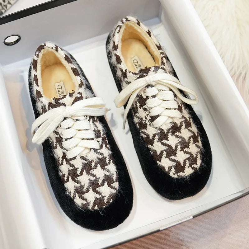 2023 winter women's plush warm shoes Korean style Lace-up loafers party and work wear Ladies' casual flats mary jane boat shoes Brown