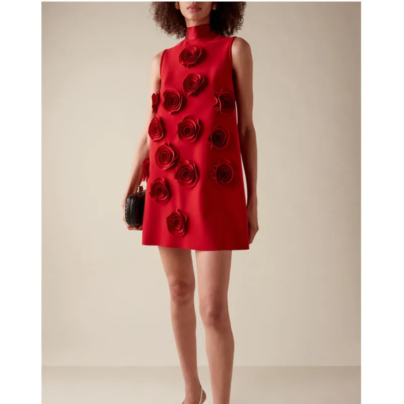 2024 Women summer new red stand up collar lace up flower design sleeveless three-dimensional flower dress elegant fashion party Red