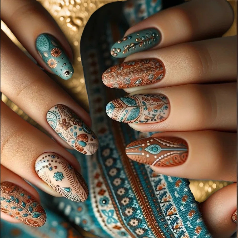 24pcs/set Floral Pattern Press-On Nail Set Mixed Color Ballet Shape Medium Length Simple Sweet Elegant Luxury Style Fake Nails AA395