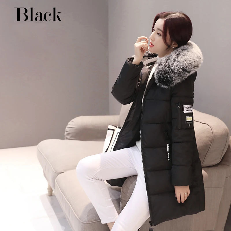 Winter Women Parka Coats Long Cotton Casual Fur Hooded Jackets Thick Warm Slim-fit Jacket Female Overcoat Clothing Black