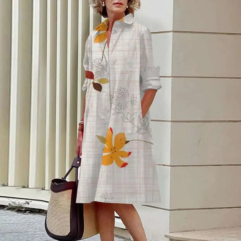 Women's Elegant Shirt Dresses Fall Fashion Floral Long Sleeve Loose A-Line Dresses Women's Office Ladies Red Green Lapel Gowns