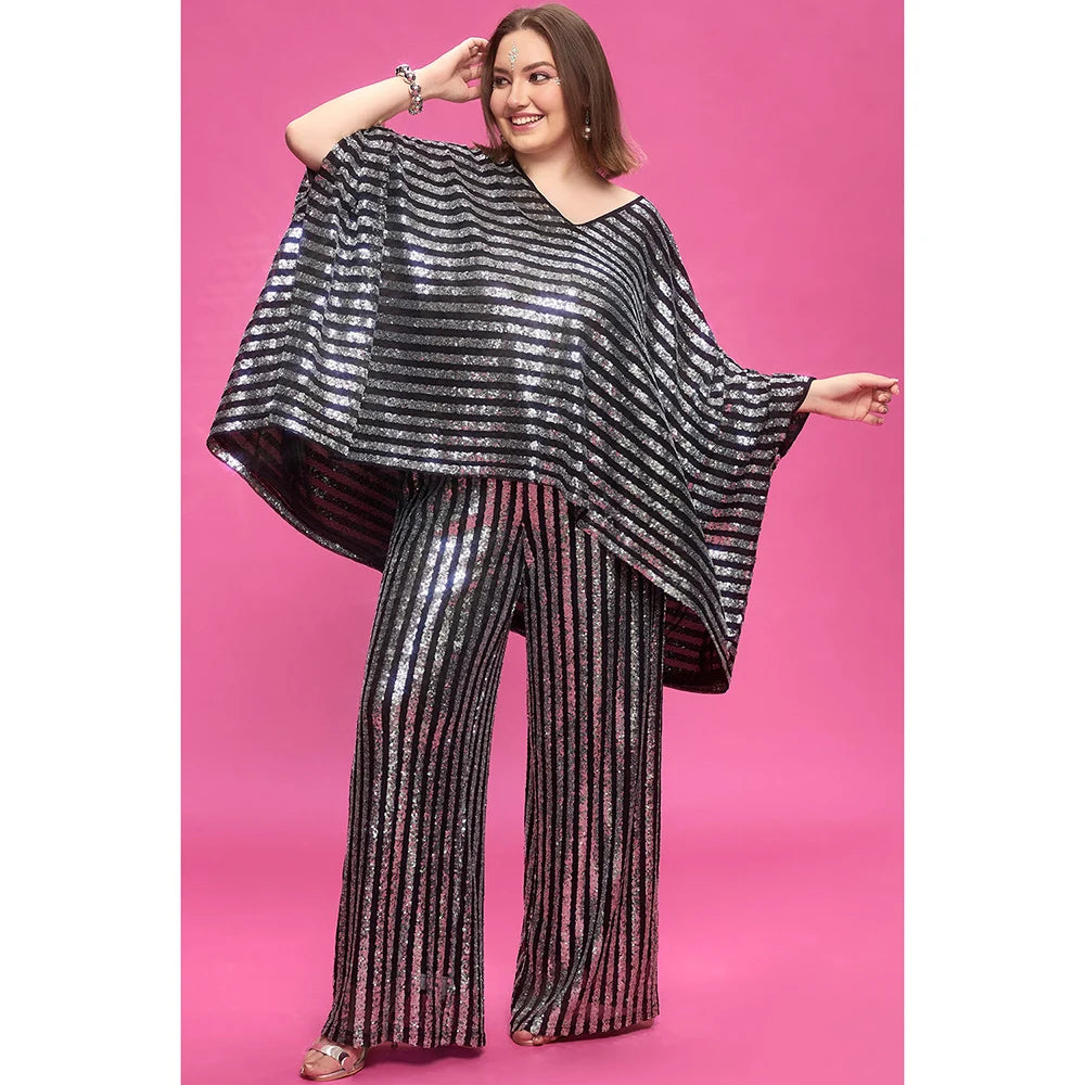 Plus Size Party Silver Fall Winter V Neck Batwing Sleeve 3/4 Sleeve Pocket Sequin Two Piece Pant Sets Silver