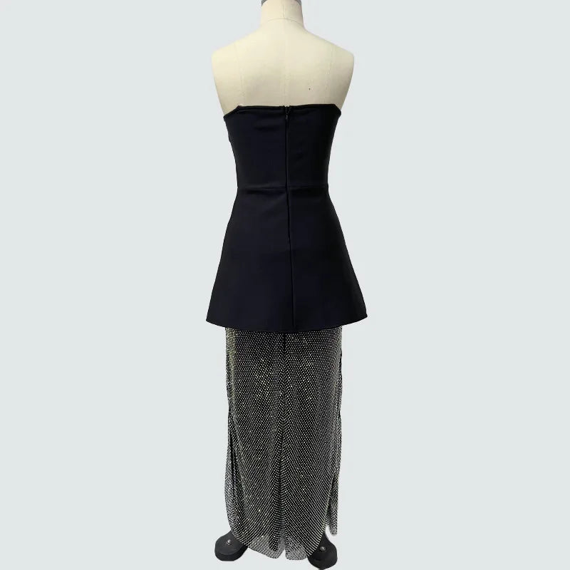 High street new black design sleeveless tube top short top + hot diamond skirt suit evening dress