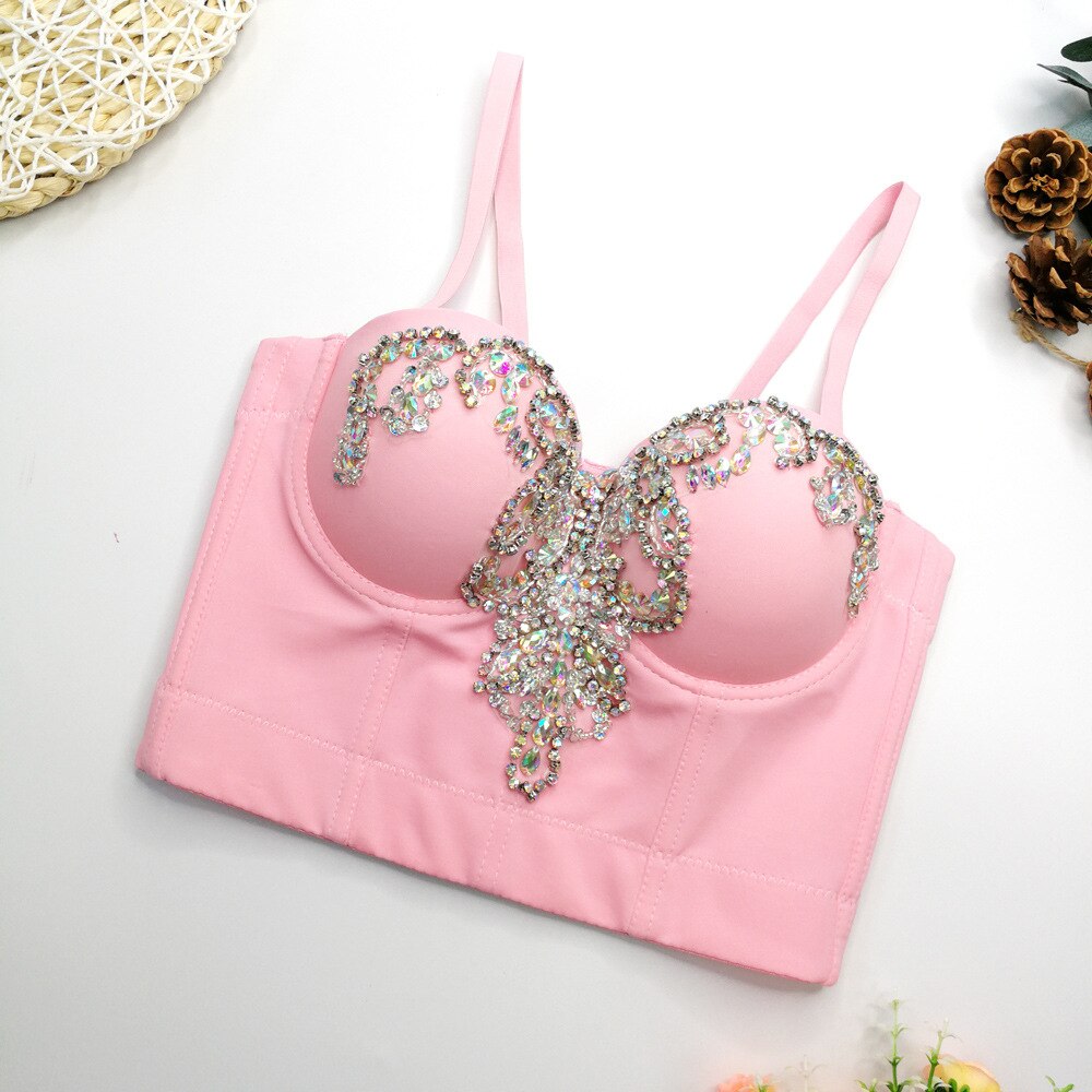 A940 Women's Fish Bone Top Beaded Rhinestone Sexy Sleeveless Pink Camisole Corset Crop Top Bustier Pour Femme AMAIO