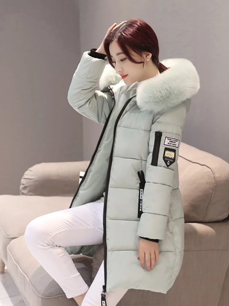 Women Winter Fur Collar Hooded Parka Fashion Letter Patch Zipper Pockets Design Long Jacket Elegant Slim Warm Thick Female Coats Light Green