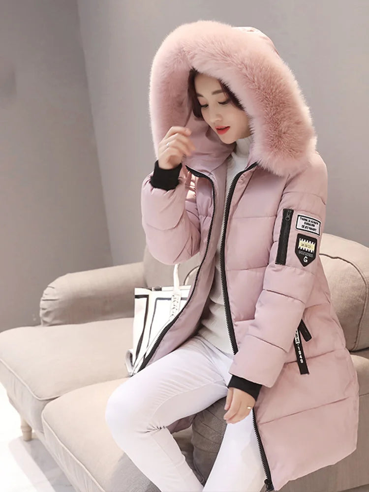 Women Winter Fur Collar Hooded Parka Fashion Letter Patch Zipper Pockets Design Long Jacket Elegant Slim Warm Thick Female Coats Pink