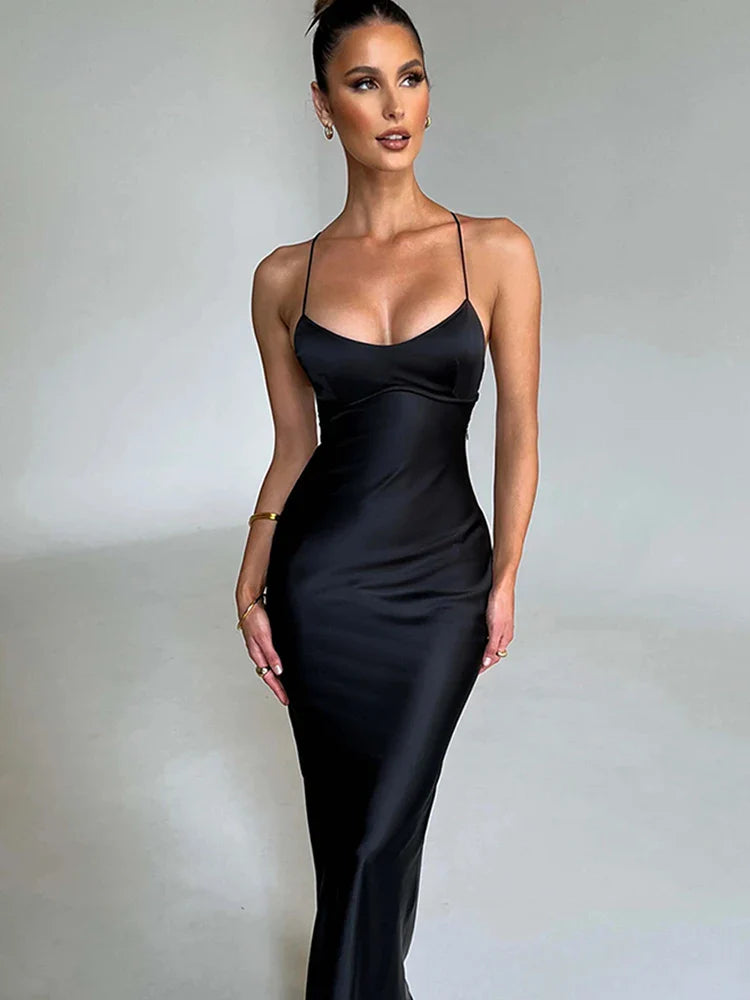 Articat Satin Backless Lace Up Mermaid Slip Dress Women Sweetheart Neck Sexy Slim Bodycon Dresses Elegant Silk Gown Partywear Black