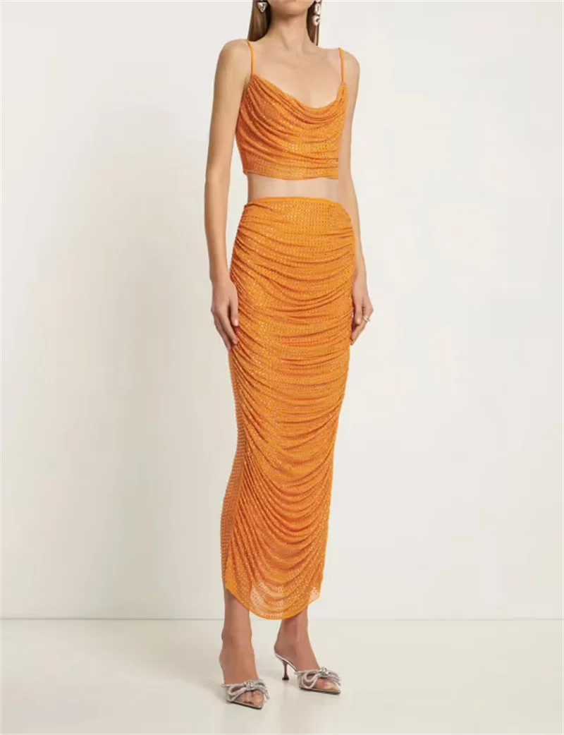 High Street Summer Orange Sexy Spaghetti Straps Short Top +High Waist Pencil Skirt 2 Piece Set Vintage