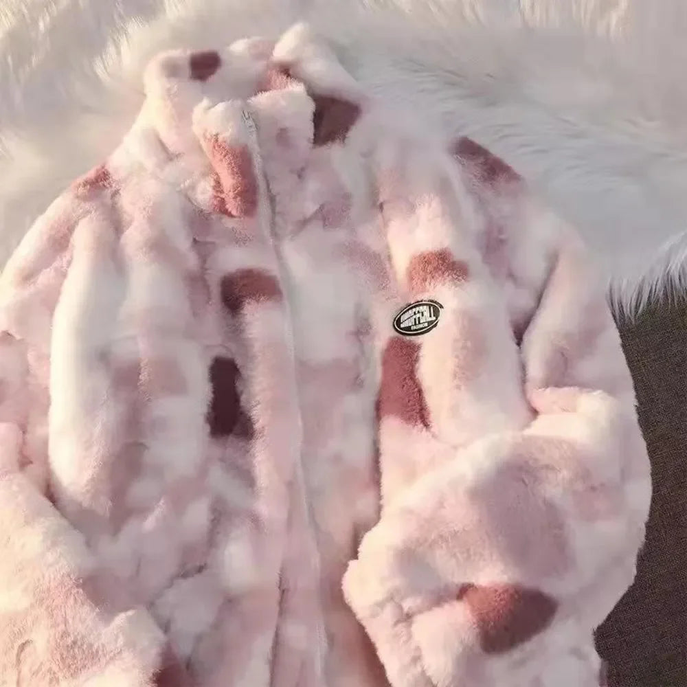 Women Tie Dye Lamb Fleece Jacket Autumn Winter Zipper Outerwear Warm Plush Jackets Harajuku Casual Loose Female Thick Coat