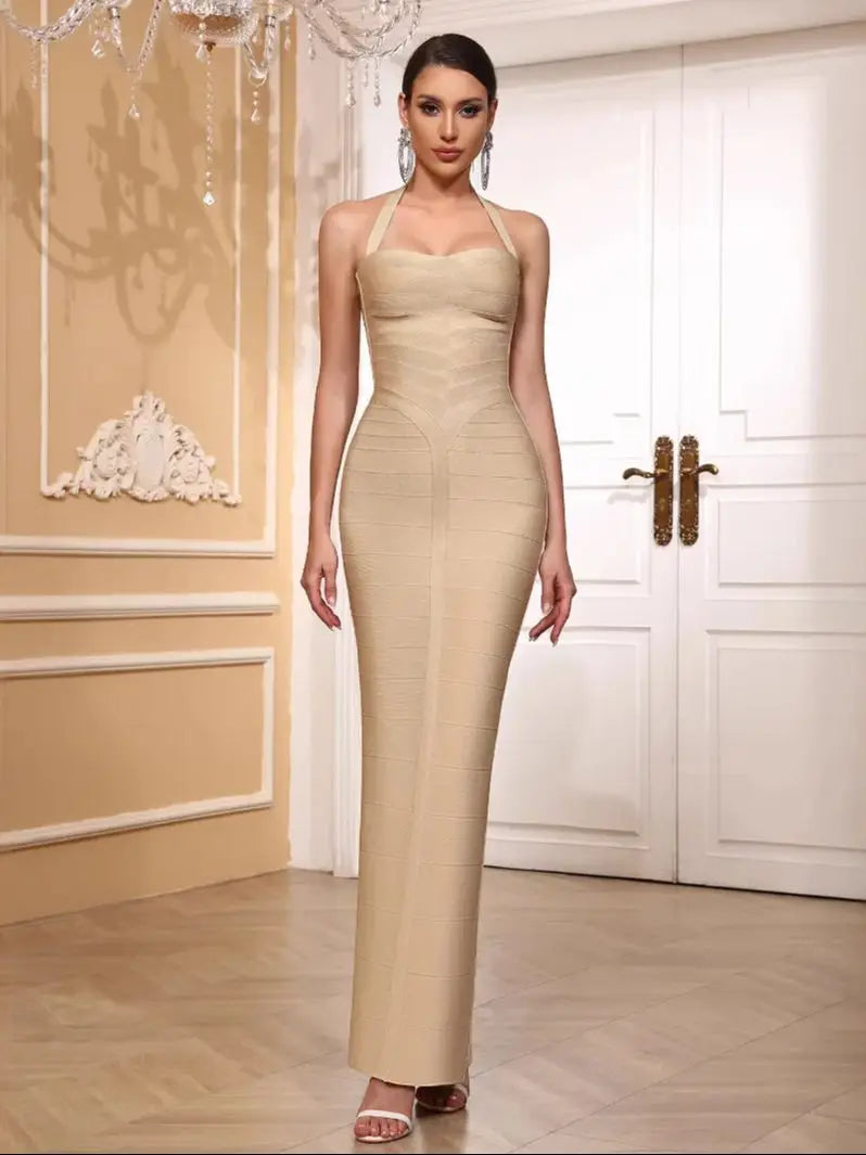 High quality women summer white pachwork sexy halter spaghetti straps slim long bandage dress fashion backless party dress Khaki