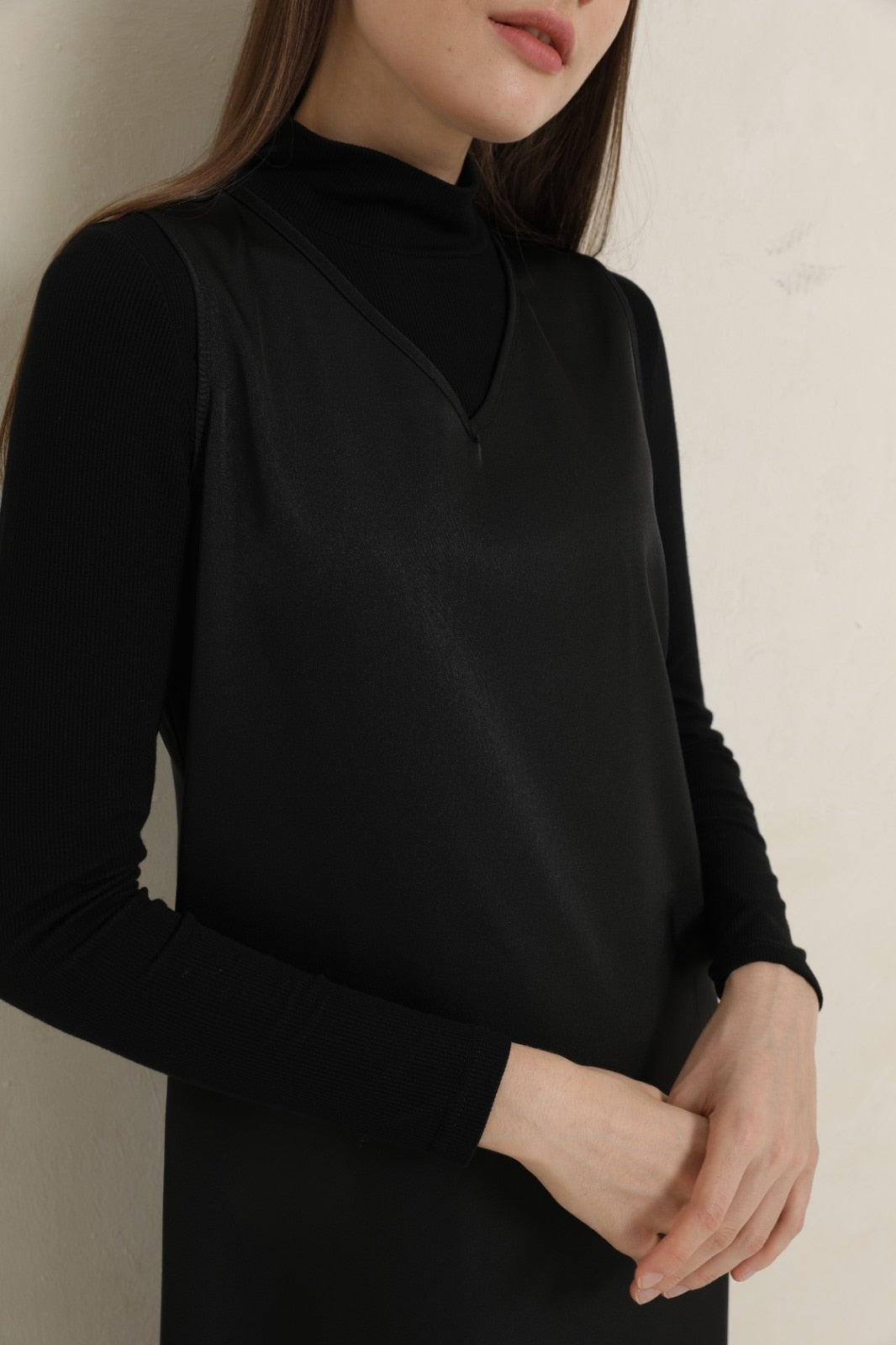 AP V Neck Satin Maxi Dress Rib Modal Mock Neck Top 2024 Fall High Quality Women Dress Three Colors, #2001 AMAIO