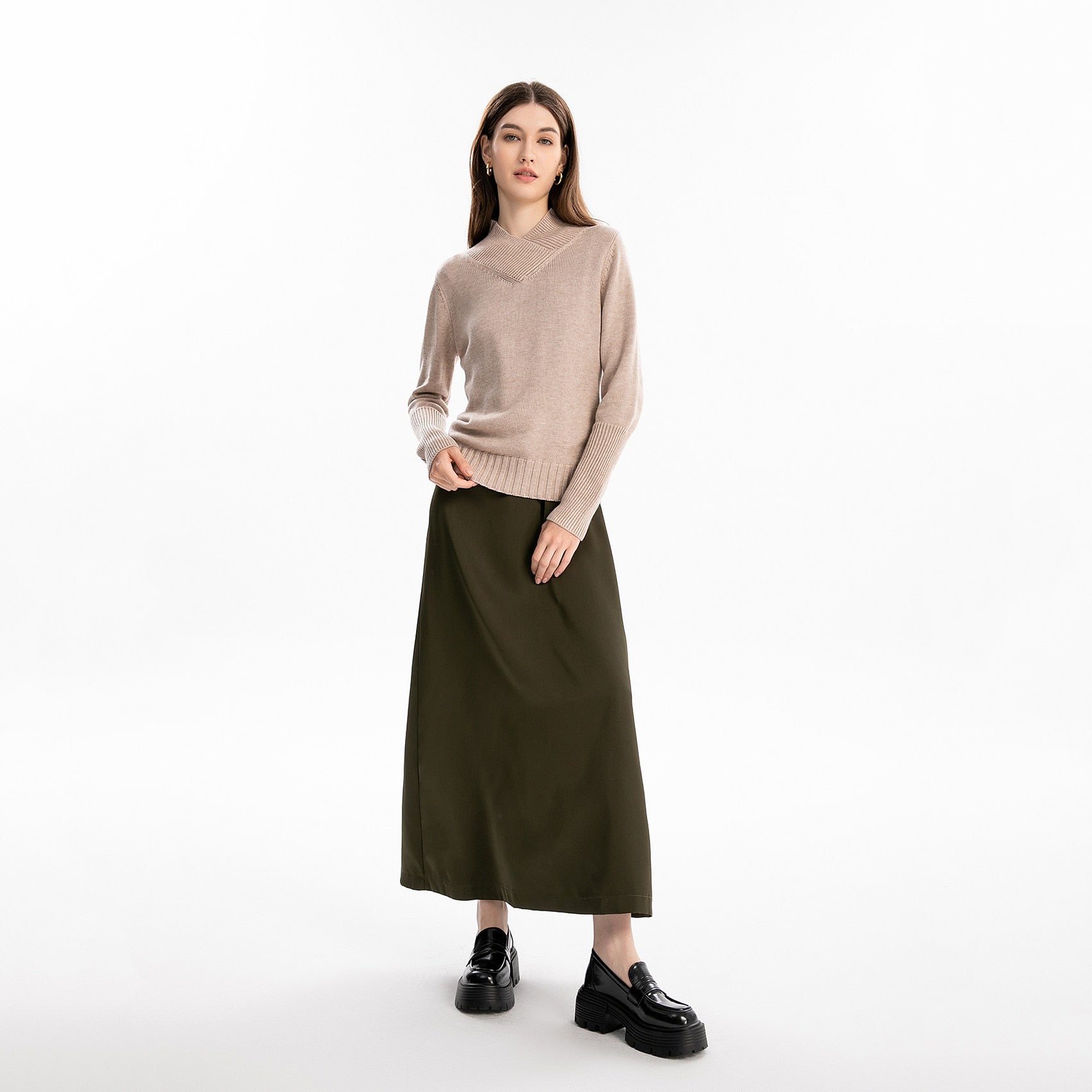 AP V Neck Satin Maxi Dress Rib Modal Mock Neck Top 2024 Fall High Quality Women Dress Three Colors, #2001 AMAIO