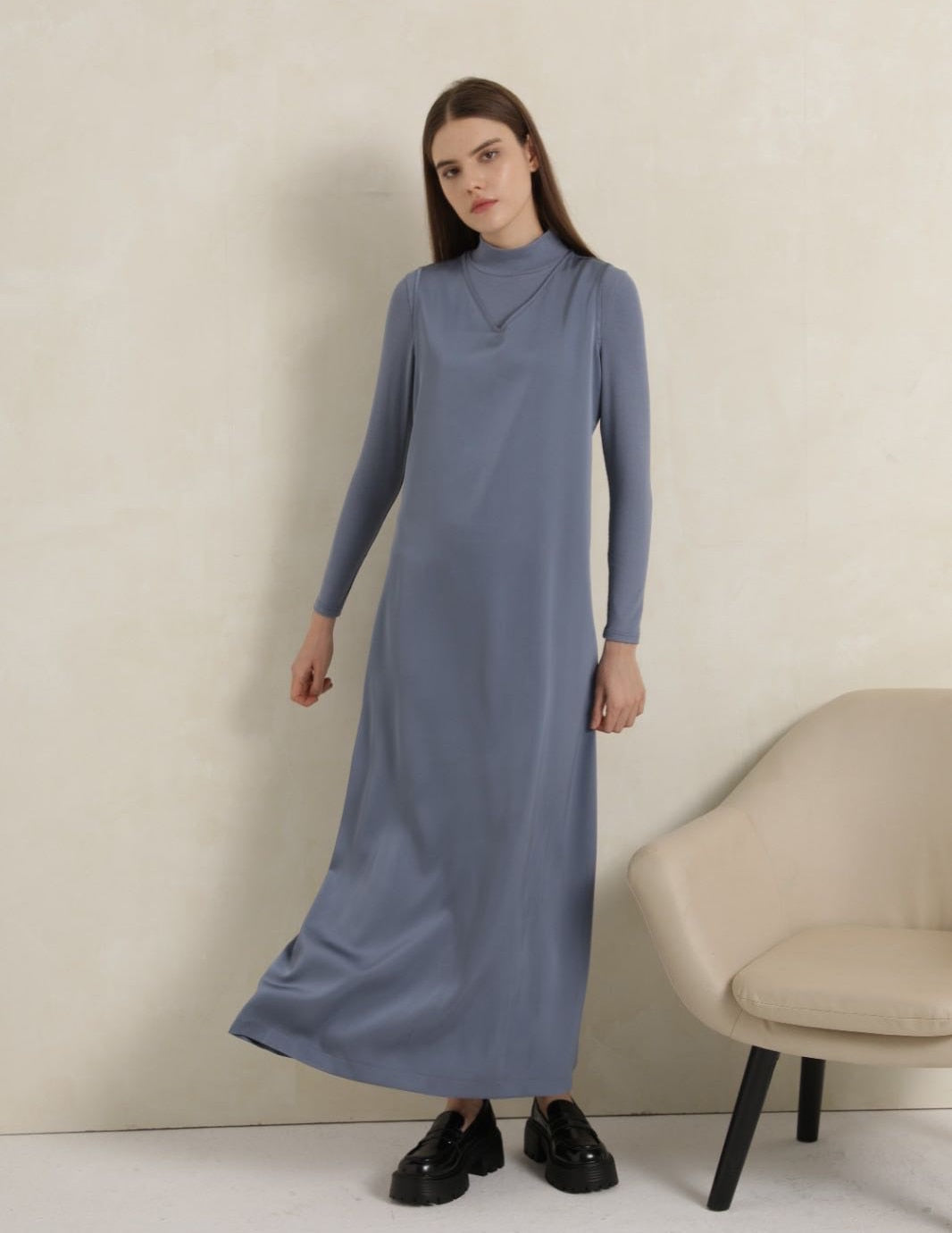AP V Neck Satin Maxi Dress Rib Modal Mock Neck Top 2024 Fall High Quality Women Dress Three Colors, #2001 AMAIO