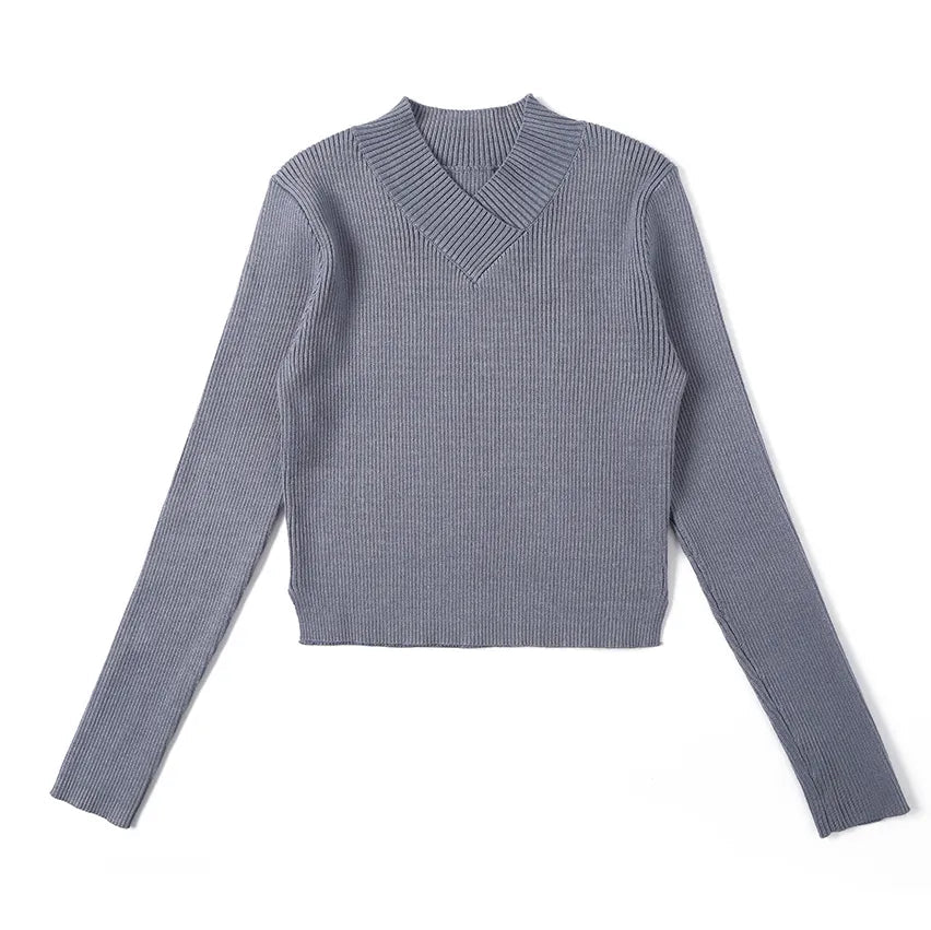 AP V Neck Women Sweater Top 2024 Fall Lady Clothes Black and Quiet Blue Elegance Fitted Style, #2000 AMAIO