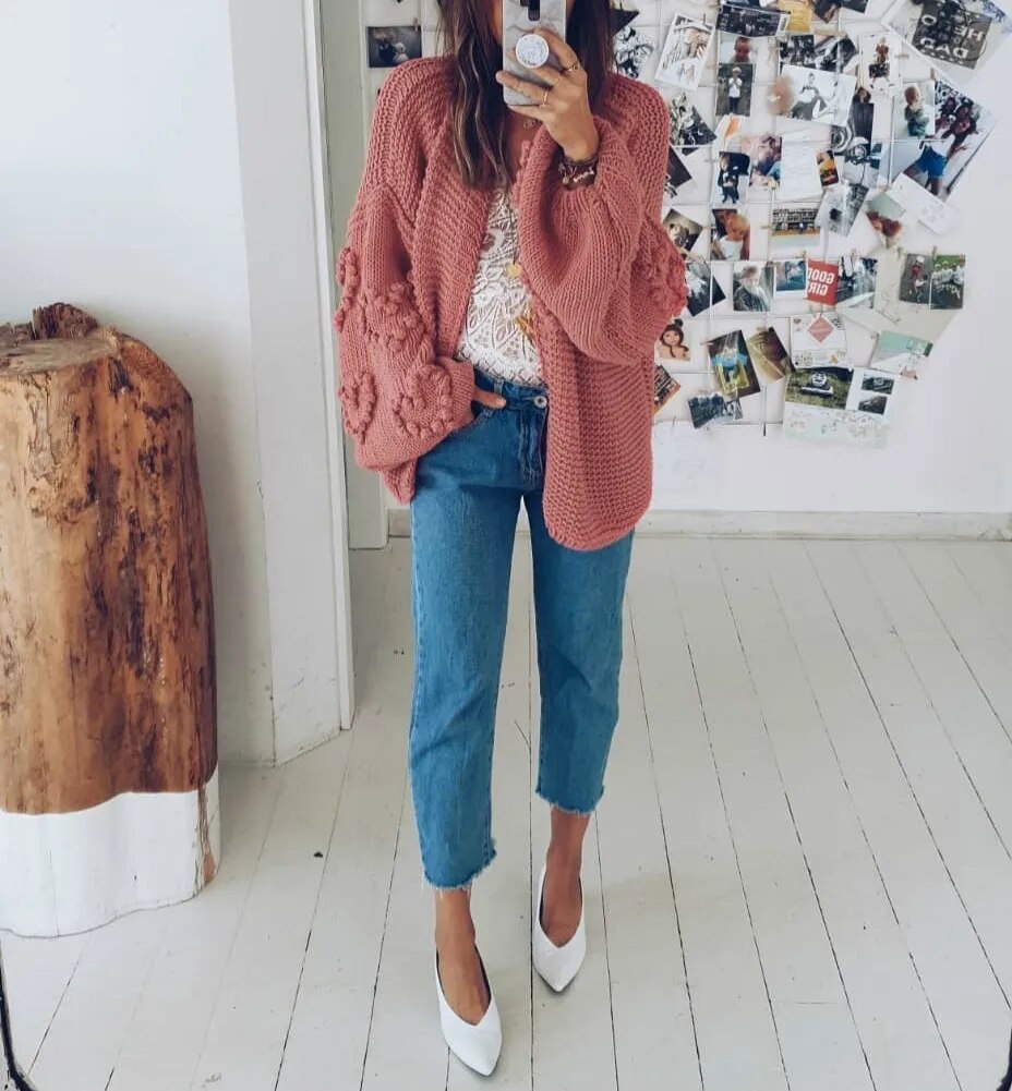 AYUALIN Lantern Long Sleeve Oversize Sweater Cardigans Vintage Heart 2024 Knit Autumn Winter Coat Women Loose Jumper Outwear