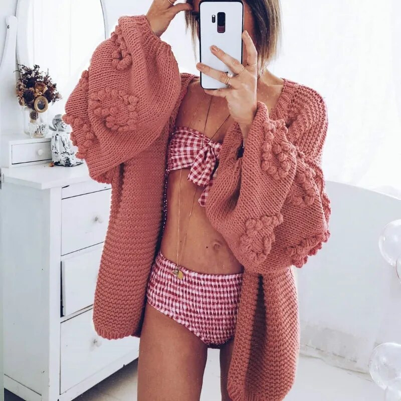 AYUALIN Lantern Long Sleeve Oversize Sweater Cardigans Vintage Heart 2024 Knit Autumn Winter Coat Women Loose Jumper Outwear Red