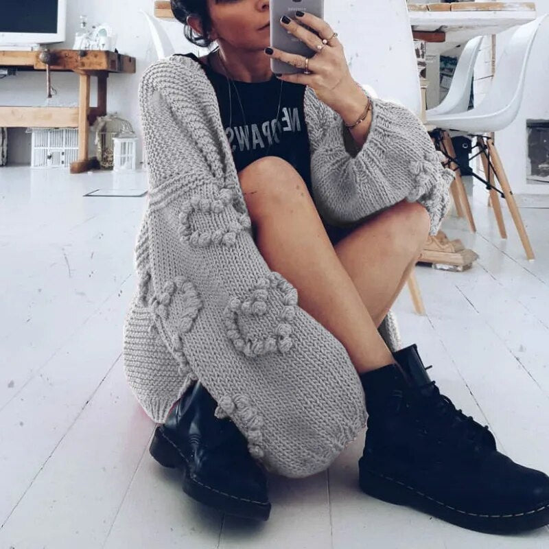 AYUALIN Lantern Long Sleeve Oversize Sweater Cardigans Vintage Heart 2024 Knit Autumn Winter Coat Women Loose Jumper Outwear
