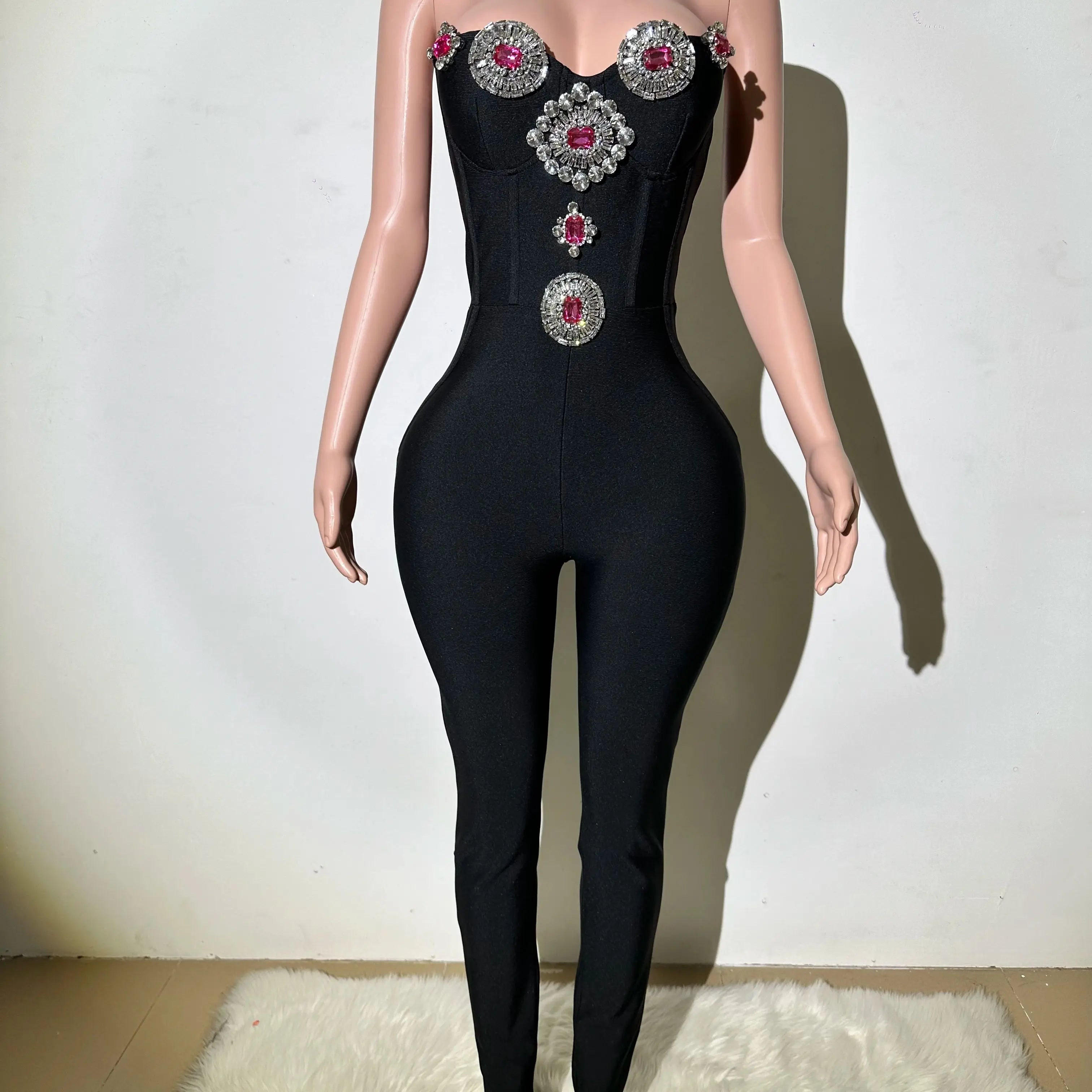 High quality women's new black sexy low cut strapless bandage jumpsuit fashionable luxury party dress black