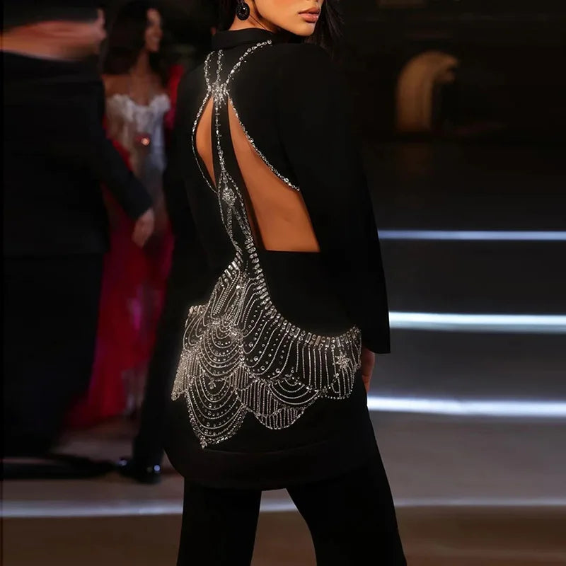 2025 summer new celebrity personality hollow out hot stamping suit jacket long pants set two-piece set