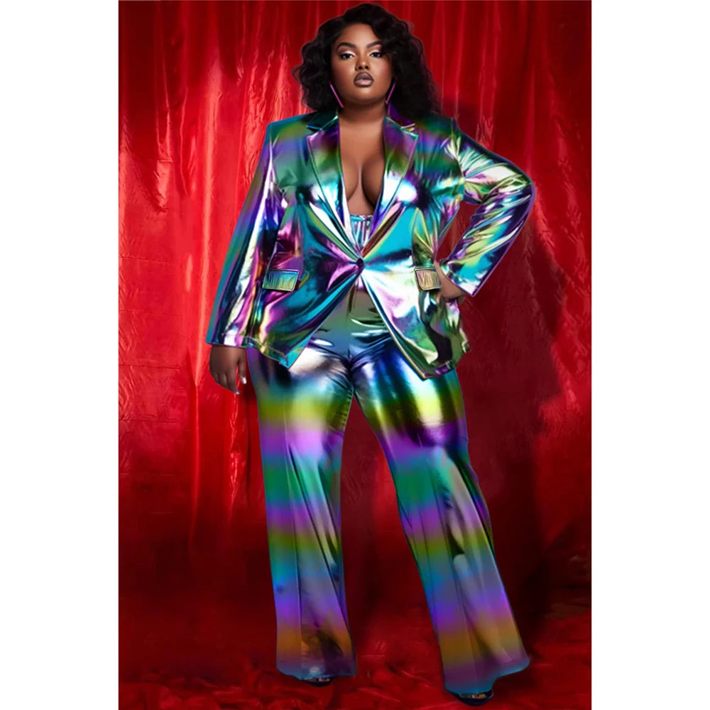 Plus Size Party Suit Pant Sets Multicolor Spring Summer Turndown Collar Long Sleeve Button Glitter Two Piece Suit Pant Sets MULTI
