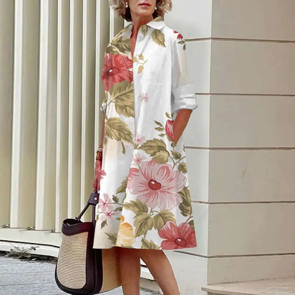 Women's Elegant Shirt Dresses Fall Fashion Floral Long Sleeve Loose A-Line Dresses Women's Office Ladies Red Green Lapel Gowns A9SZXG2482913314