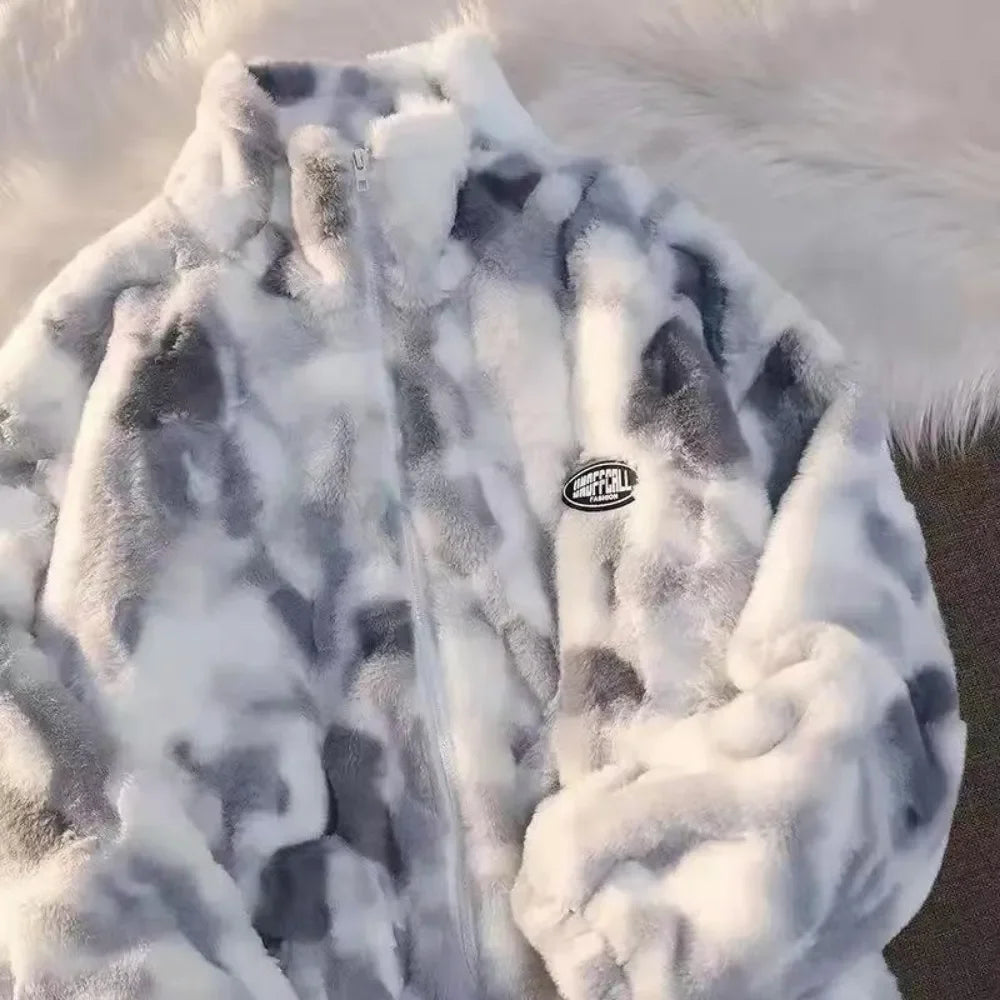 Women Tie Dye Lamb Fleece Jacket Autumn Winter Zipper Outerwear Warm Plush Jackets Harajuku Casual Loose Female Thick Coat
