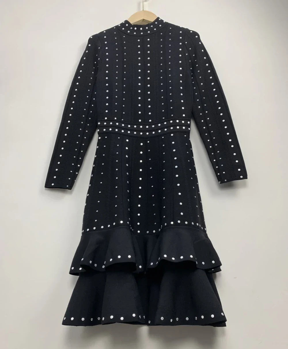 Ailigou New Women's Black Sexy Luxury Diamond Knitted Mini A-line Dress Long sleeved Ruffle Edge Layered Formal Party Dress