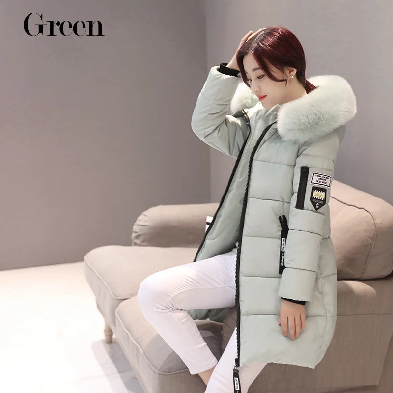 Winter Women Parka Coats Long Cotton Casual Fur Hooded Jackets Thick Warm Slim-fit Jacket Female Overcoat Clothing Light Green