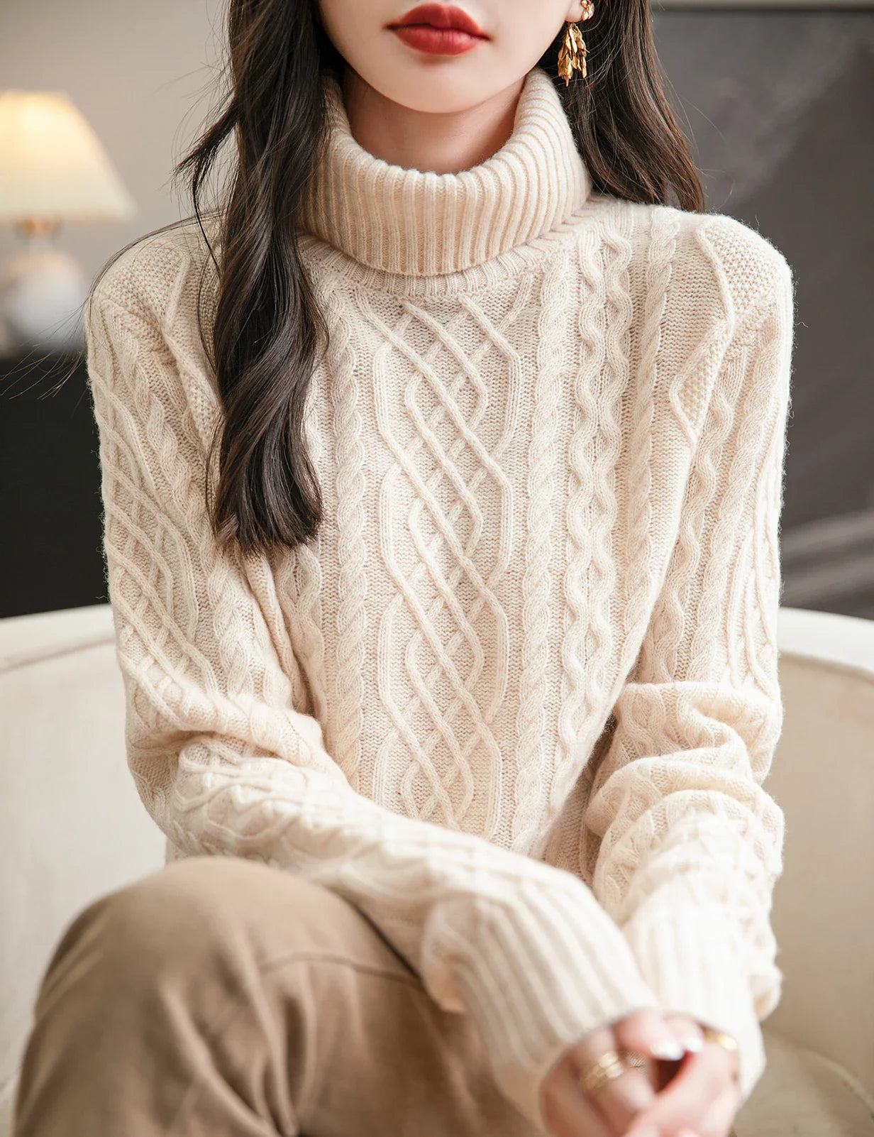 Women's 100% Merino Wool Sweater Fall Winter Turtleneck Vintage Warm Soft Long Sleeve Cable Knit Sweater for Women Knitwear