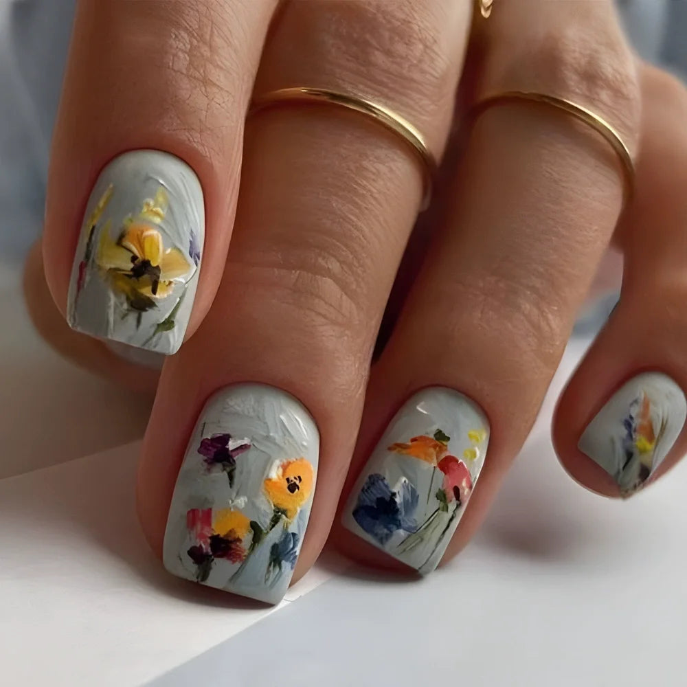 24pcs/set Floral Pattern Press-On Nail Set Mixed Color Ballet Shape Medium Length Simple Sweet Elegant Luxury Style Fake Nails PURPLE