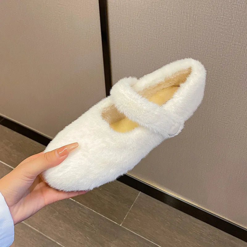 2023 Winter Warm Women’s Plush Flat Shoes Korean style mary jane Ladies casual boat shoes Outdoor work shoes Ivory