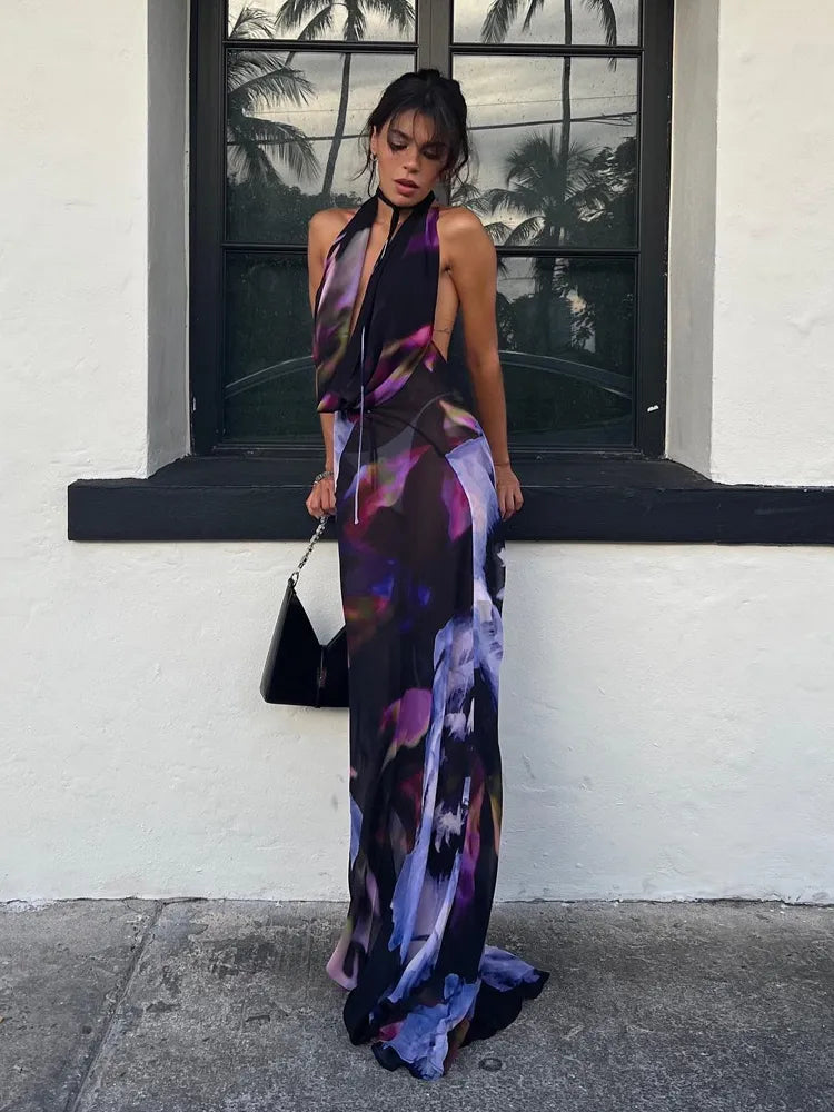 Backless Maxi Dress Women Sexy Purple Print Halter Bodycon Dress Summer Beach Outfits Elegant Sleeveless Club Party Dress 2022 PURPLE