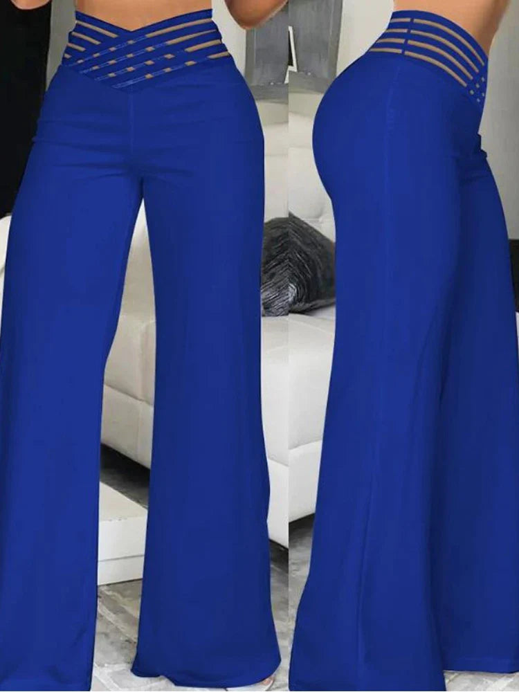 Elegant High Waist Flared Women Pants Office Casual Crisscross Sheer Mesh Patch Mesh Patch Casual Trousers Women Clothes Blue