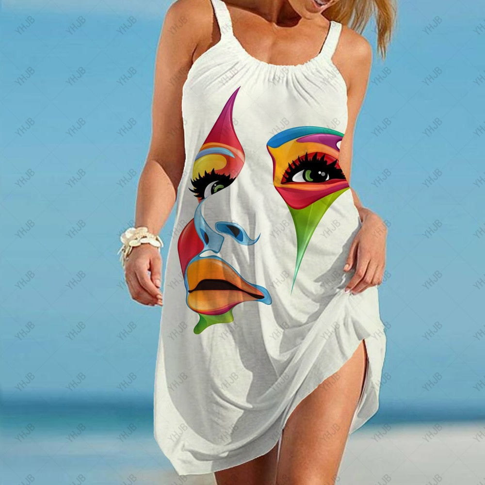 Abstract Fashion Portrait Print Dress Mid Length Summer Sling Beach Dress Boho Casual Sleeveless Party Elegant Sundress AWZ6BA0451