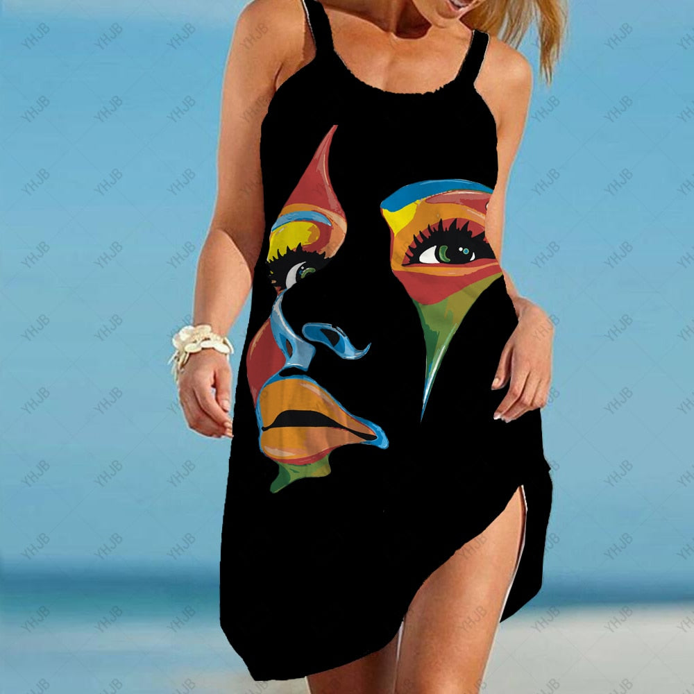 Abstract Fashion Portrait Print Dress Mid Length Summer Sling Beach Dress Boho Casual Sleeveless Party Elegant Sundress