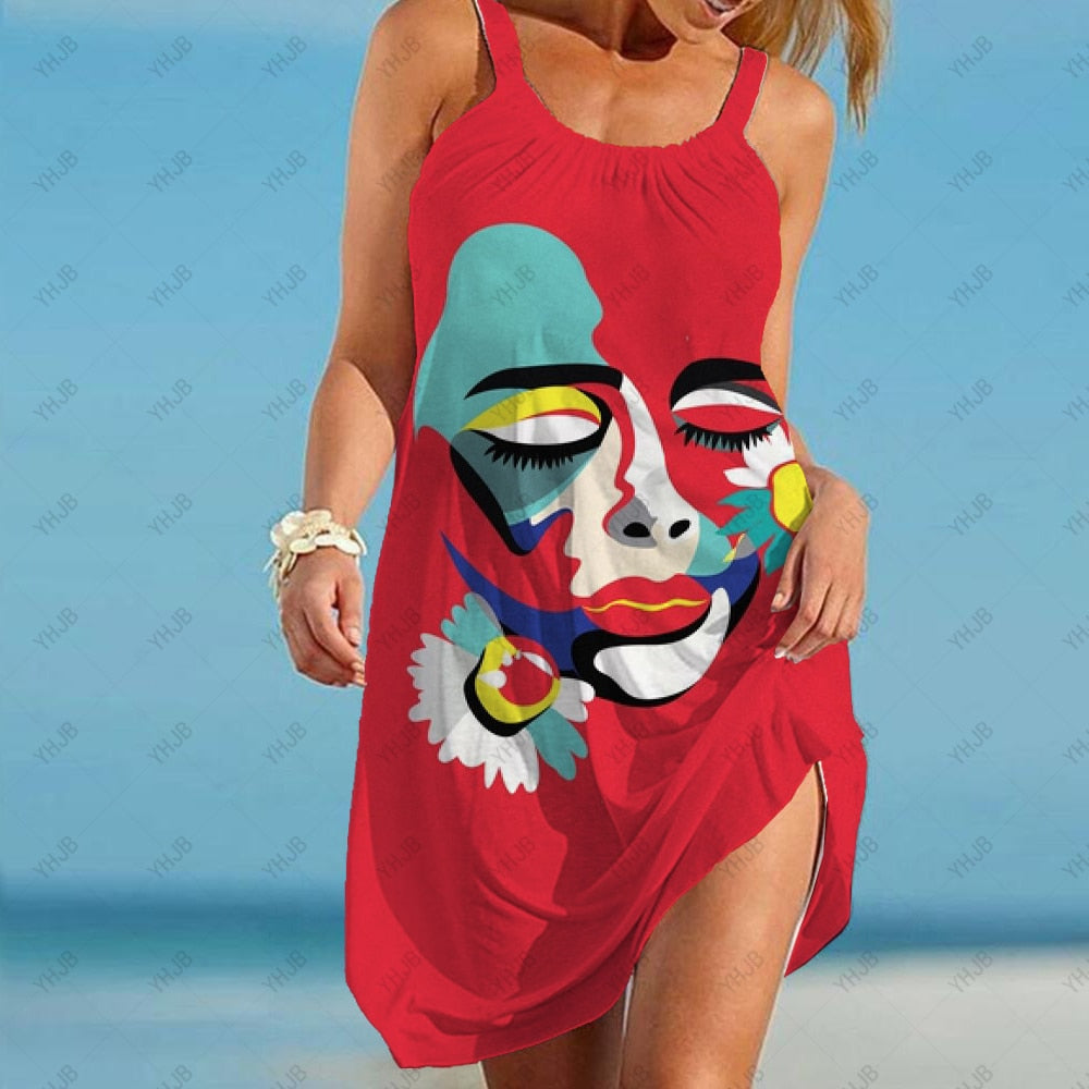 Abstract Fashion Portrait Print Dress Mid Length Summer Sling Beach Dress Boho Casual Sleeveless Party Elegant Sundress AWZ6BA0454